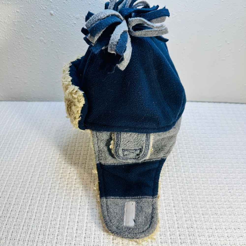 GAP Kids Trapper Hat Winter Fleece Lined Navy Blue Gray Pom Pom Ear Flaps - Picture 2 of 11